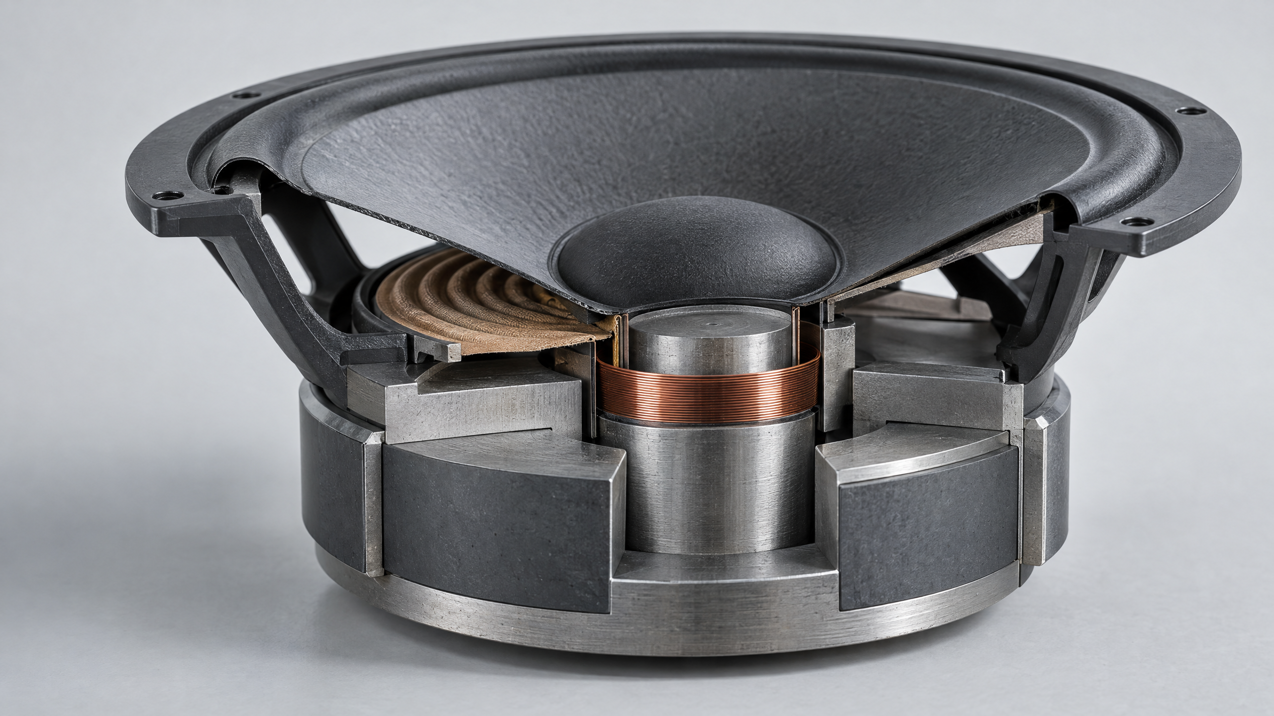 Conceptual cutaway of a generic moving-coil loudspeaker magnetic circuit, including a ferrite ring magnet, steel plates, pole piece, air gap and voice coil.